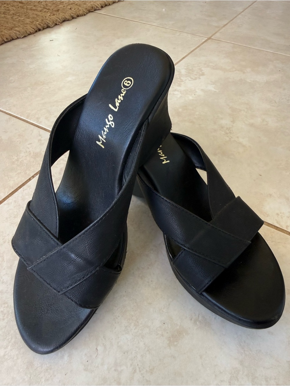 Mango Black Crisscross Wedge Mules